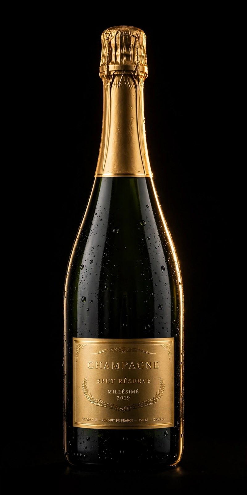 A champagne bottle with a gold foil neck and a gold label